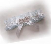 wedding photo - Personalized Vintage wedding bridal garter light blue organza light ivory cotton lace