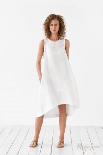 wedding photo - White linen dress TOSCANA. Asymmetrical, sleeveless, loose, knee-length linen summer dress. Women's clothing.