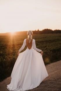 wedding photo - Royal open back wedding dress,long sleeve satin dress,boat neckline dress