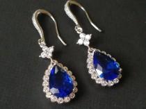wedding photo - Navy Blue Crystal Earrings, Sapphire Blue Teardrop Earrings, Blue Chandelier Earrings, Blue CZ Silver Bridal Earrings, Wedding Blue Jewelry