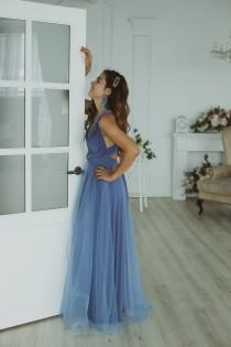 wedding photo - Bridesmaid dress, steel blue infinity tulle dress, steel blue tulle convertible dress,  multiway dress, blue tulle dress, bridesmaid dress
