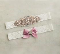 wedding photo - Ivory Lace Mauve Rose Gold Bridal Garter/Belt Set with Crystals & Pearls, Keepsake Toss Rustic Garter Gift for Bride