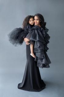 wedding photo - Black Engagement Dress for Photo shoots and Photography Gown with ruffle cape dramatic dress mermaid style - The Patrician Cape Gown