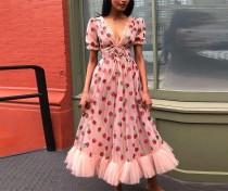 wedding photo - Sweet Strawberry Tulle Dress, Sequin Maxi Dress Ruffle Puff Sleeve Bow Pink Mesh Dress