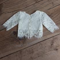 wedding photo - White Lace Flower Girl Top, Two Piece Top Only, Romantic Fringe Lace, Covered Buttons Scalloped Back