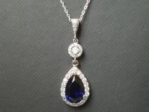 wedding photo -  Blue Crystal Bridal Necklace, Wedding Sapphire Halo Pendant, Royal Blue Silver Necklace, Cobalt Blue Jewelry, Dark Blue Teardrop Necklace