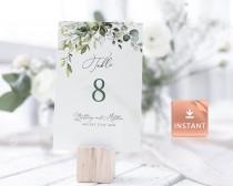 wedding photo - REESE - Watercolor Wedding Table Numbers, Greenery Eucalyptus Leaves, 2 Sizes 5x7" and 4x6", Instant Download, Editable Boho Card Template