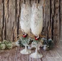 wedding photo - Rustic Wedding Champagne Glasses Winter Wedding Christmas Wedding Holiday Wedding Champagne Flutes