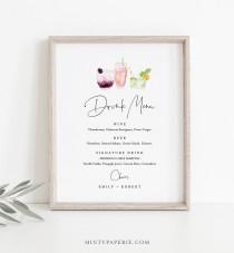wedding photo - Drink Menu Sign, Editable Wedding Bar Menu Template, Printable Watercolor Cocktail Menu, Instant Download, Templett 8x10 #060-119BP-DM