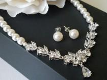 wedding photo -  Pearl Bridal Jewelry Set, Swarovski White Pearl Earrings&Necklace Set, Pearl Cubic Zirconia Jewelry Set, Wedding Jewelry, Statement Necklace