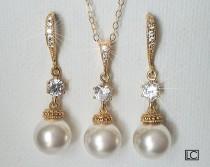wedding photo -  White Pearl Gold Bridal Set, Swarovski 10mm Pearl Earrings&Necklace Set, Pearl Chandelier Earrings, Pearl Pendant, Bridal Bridesmaid Jewelry