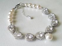 wedding photo -  Cubic Zirconia Pearl Bridal Bracelet, Wedding Crystal Pearl Bracelet, Swarovski White Pearl CZ Bracelet, Bridal Jewelry, Wedding Jewelry