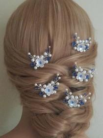 wedding photo -  Bridal White Blue Hair Pins, Set of 5 Wedding Hair Pins, Bridal Hair Jewelry, Pearl Sapphire Blue Crystal Hair Pieces, Bridal Headpieces