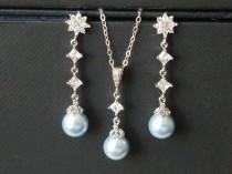wedding photo -  Blue Pearl Jewelry Set, Swarovski Light Blue Pearl Silver Set, Bridal Pearl Earrings&Necklace Set, Pearl Dainty Jewelry Set, Blue Earrings