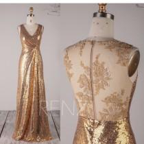 wedding photo - Prom Dress Gold Sequin Bridesmaid Dress Ruched V Neck Wedding Dress Illusion Lace Full Back Fitted Maxi Dress Sleeveless Eveing Dress(HQ603)