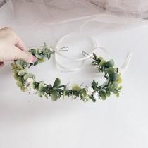 wedding photo - Greenery floral crown, greenery headband, greenery and white flowers crown, eucalyptus crown, bridal floral crown, wood headband headband,