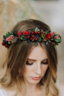 wedding photo - Woodland crown, berry crown, floral crown, green crown, boho headpiece, leaf hairband, forest wedding, red flower crown, burgundy hairpiece