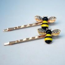 wedding photo - Set of 2 small Bees hair clips with crystal wings - Gold color
