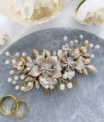 wedding photo - Gold Floral Wedding Hair Accessories, Bridal Hair Comb, Bride Hair Accessory, Pearl White and Gold Flower Side Comb, headpiece