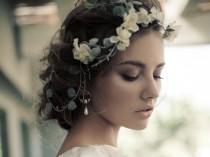 wedding photo - Floral Tiara, White Flower Crown, Bridal Hairpiece, Wedding Headpiece, Floral Crown, Boho Flower Crown, Head Wreath, Bridal Floral Headband