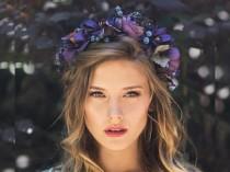 wedding photo - Purple Flowers Headpiece, Fairy Flower Crown, Bridal Hair Flowers, Hair Wreath, Floral Crown, Large Flower Crown for Brides