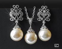 wedding photo -  Pearl Bridal Jewelry Set, Swarovski Ivory Pearl Drop Set, Pearl Earrings&Necklace Jewelry Set, Wedding Jewelry Sets, Bridesmaids Pearl Set