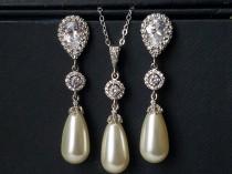 wedding photo -  Pearl Bridal Jewelry Set, Swarovski Ivory Pearl CZ Earrings Necklace Set, Teardrop Pearl Chandelier Earrings, Single Pearl Silver Pendant