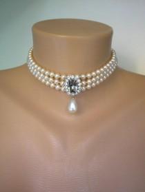 wedding photo -  Vintage Pearl And Rhinestone Choker, 3 Strand Pearl Choker, Black Diamond Pendant, Pearl And Diamante Necklace, Pearl Bridal Choker, Deco
