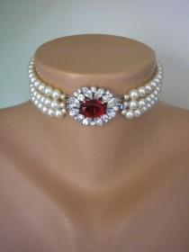 wedding photo -  Pearl Choker With Ruby Clasp, Bridal Pearls, 3 Strand Pearls, Cream Pearls, Side Clasp, Ruby Wedding Gift, Indian Bridal Choker, Deco