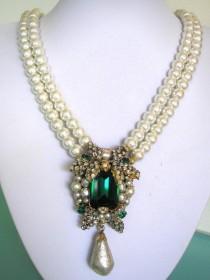 wedding photo -  Pearl And Emerald Necklace, VENDOME Signed Jewellery, Vintage Costume Jewellery UK, Indian Bridal Necklace, Vintage Designer Jewelry