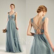 wedding photo - Bridesmaid Dress Dusty Blue Tulle Party Dress Long Lace Wedding Dress Illusion V Neck Prom Dress Sexy Back A-line Formal Dress(LS508)