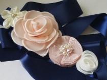 wedding photo -  Navy Blue Blush Pink White Wedding Sash, Blue Dusty Pink Light Pink Floral Sash, Maternity Sash, Navy Blue Dress Sash, Blue Embellished Belt