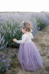 wedding photo - Full Length Vintage Violet Light Dusty Purple  Tulle Lace Top Scalloped Edges Back Party Flower Girl Dress