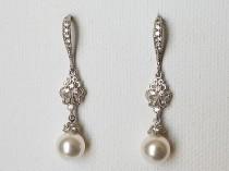 wedding photo -  Pearl Bridal Chandelier Earrings, Swarovski 8mm White Pearl Silver Earrings, Wedding White Pearl Jewelry, White Pearl Drop Dangle Earrings