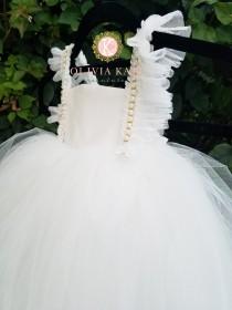 wedding photo - Pearl Flower Girl Dress, Tulle Tutu Dresses, Weddings, V Back Plunge, Flutter Sleeve, Full Length Dress, Toddler Dress, Pearls Embellished