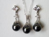 wedding photo -  Black Pearl Jewelry Set, Swarovski Black Pearl Silver Set, Charcoal Pearl Earrings Necklace Set, Wedding Black Jewelry, Black Pearl Pendant