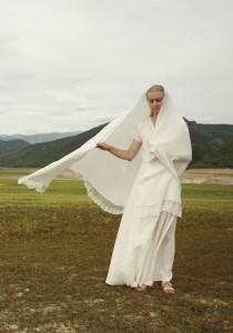 wedding photo - Warm white linen shawl with lace trim, 3 meters long half circle shawl