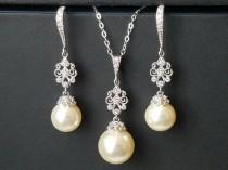 wedding photo -  Pearl Bridal Jewelry Set, Swarovski Ivory Pearl Silver Earrings Necklace Set, Pearl Chandelier Earrings, Ivory Pearl Pendant Wedding Jewelry
