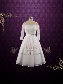 wedding photo - Off Shoulder Lace Tea Length Wedding Dress with Long Sleeves, Short Wedding Dress, 50s Wedding Dress, 60s Wedding Dress 