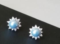 wedding photo -  Light Blue Pearl Earring Studs, Swarovski Blue Pearl Silver Earrings, Sky Blue CZ Halo Bridal Earrings, Wedding Bridesmaids Blue Jewelry