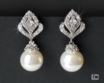 wedding photo -  Pearl Drop Bridal Earrings, Swarovski White Pearl Silver Earrings, Pearl Silver Earring Studs, Wedding Pearl Earrings, Bridal Pearl Jewelry