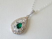 wedding photo -  Emerald Crystal Teardrop Necklace, Green Cubic Zirconia Bridal Necklace, Wedding Emerald CZ Pendant, Bridal Emerald Jewelry, Green Pendant