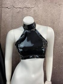wedding photo - The Onyx Halter Crop-Top, Leather Fashion Shirt Harness, Backless Crop Top, Hand-Dyed Leather Shirt, Custom Body Harness, Halter Top