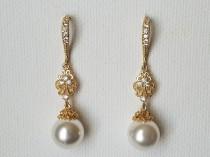 wedding photo -  Gold Pearl Chandelier Bridal Earrings, Swarovski White Pearl Dangle Earrings, Wedding Gold Pearl Classic Earrings, Gold Pearl Bridal Jewelry