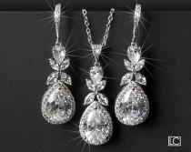 wedding photo -  Bridal Jewelry Set, Cubic Zirconia Earrings&Necklace Set, Wedding Crystal Jewelry Set, Teardrop Crystal Set, Chandelier Earrings Pendant Set