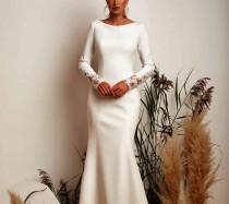 wedding photo - Classy Long Sleeves Boat Neck Trumpet Mermaid Satin Wedding Dress  Lace Back Simple Minimal Gown