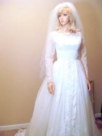 wedding photo - 50s Mad Men Wedding Gown Size XXS. Vintage White Lace Bridal Gown. Grace Kelly Wedding Dress. Long Sleeve Modest Full Skirt Princess Bride
