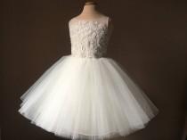 wedding photo - DEBBY Ivory Lace Champagne Tulle Flower Girl Dress Vintage Dress Wedding Bridesmaid Dress