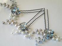 wedding photo -  Gray Dusty Blue White Hair Pins, Wedding Pearl Crystal Hair Pins, Grey Bridal Headpiece, Silver Floral Hair Jewelry, Crystal Pearl Hair Pins