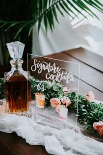 wedding photo - Bar Menu Signature Cocktails Custom Clear Glass Look Acrylic Wedding Sign With Stand, His Her Drinks Lucite Perspex Bar Table Sign, HL